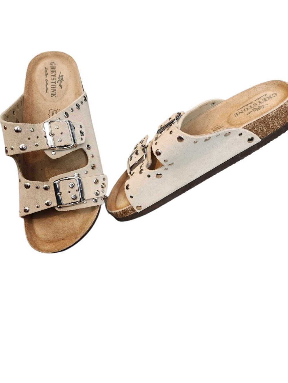 Greystone Leather Collection Fanna Beige Suede Studded (2 Strap) Sandals Size 7